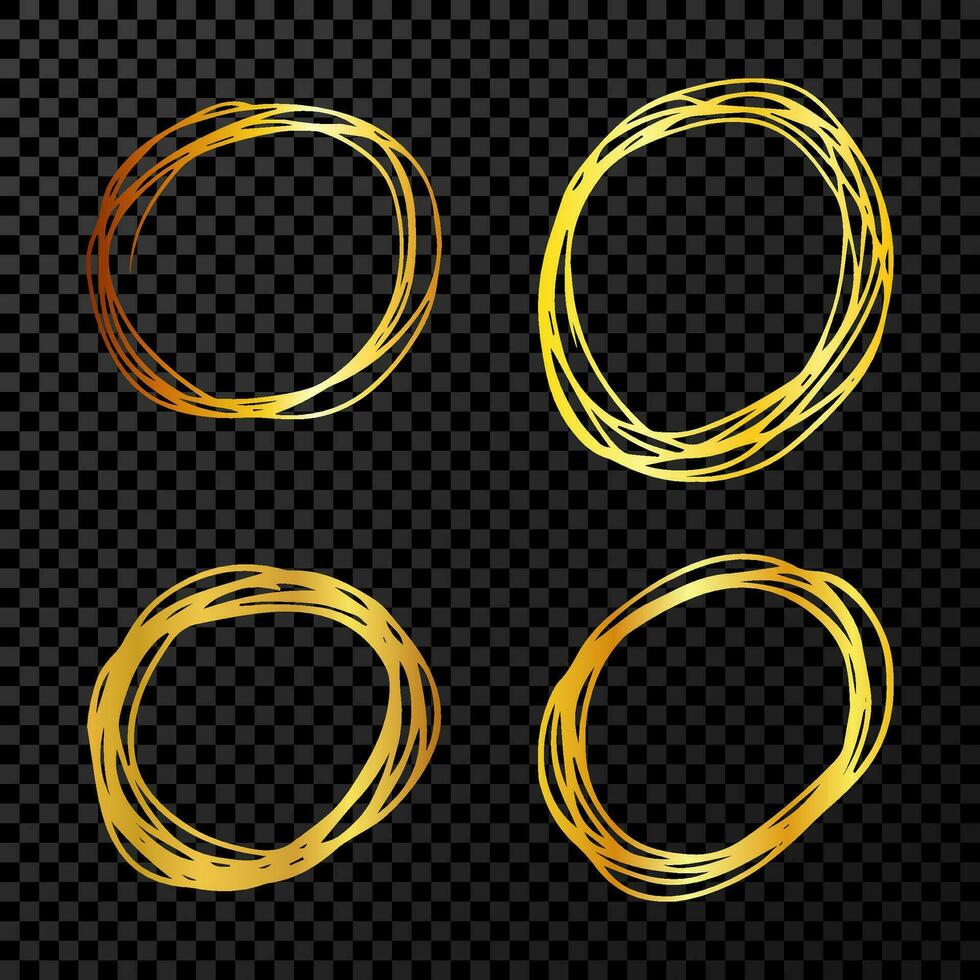 mano dibujado Escribiendo círculos conjunto de cuatro oro garabatear redondo circular diseño elementos en oscuro antecedentes. vector ilustración