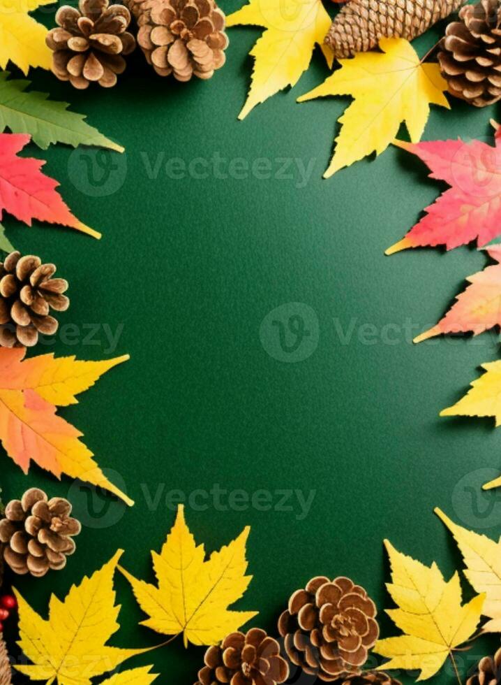 Autumn background with pine cones and maple leaves on a green background Generative AI photo