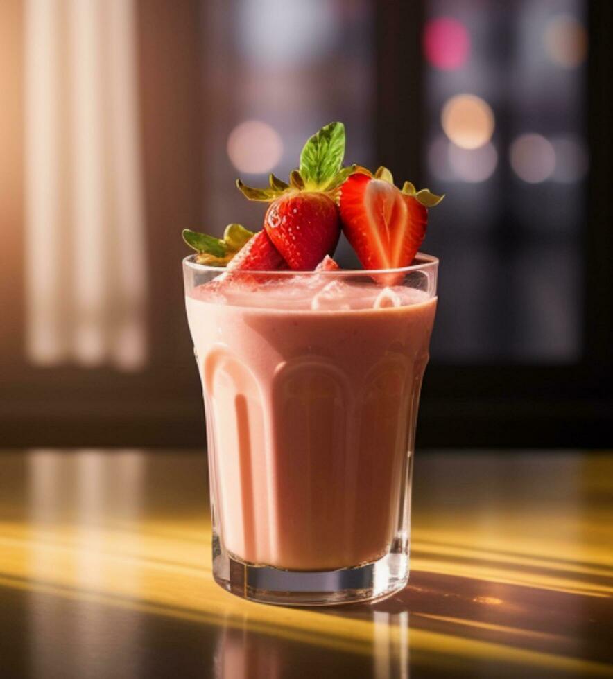 Strawberry smoothie in glass on wooden table with bokeh background. Generative AI photo