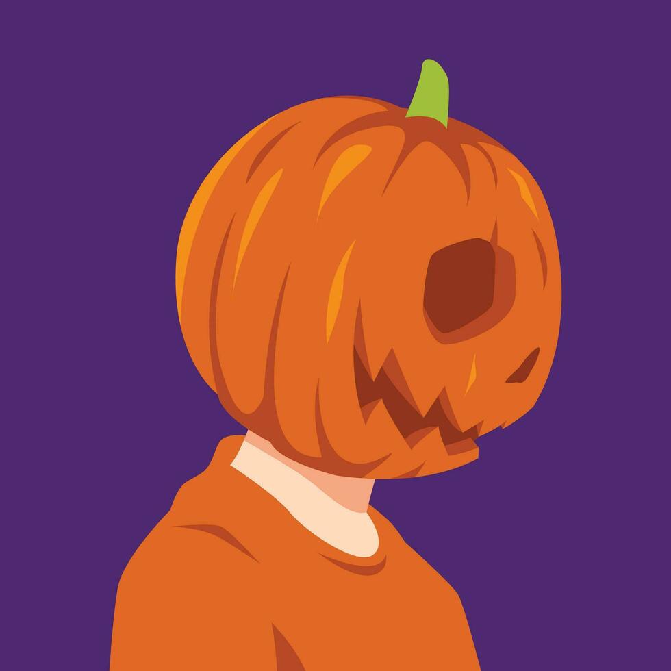 personas vistiendo Víspera de Todos los Santos calabaza en su cabeza. calabaza cabeza en perfil. lado vista. Frío, espeluznante. para Víspera de Todos los Santos, avatar, social medios de comunicación perfil, impresión. plano vector ilustración.