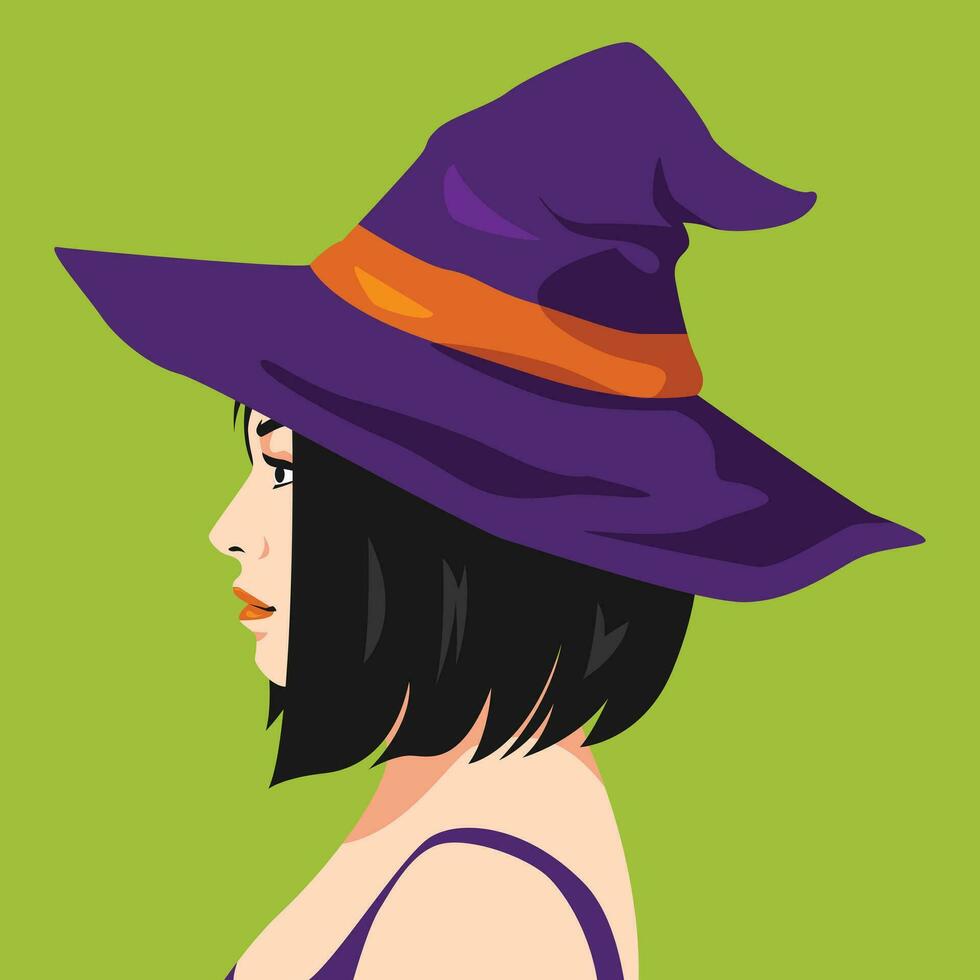 hermosa corto pelo niña vistiendo bruja sombrero en perfil, avatar, lado vista. bruja, Víspera de Todos los Santos. moderno plano vector ilustración.