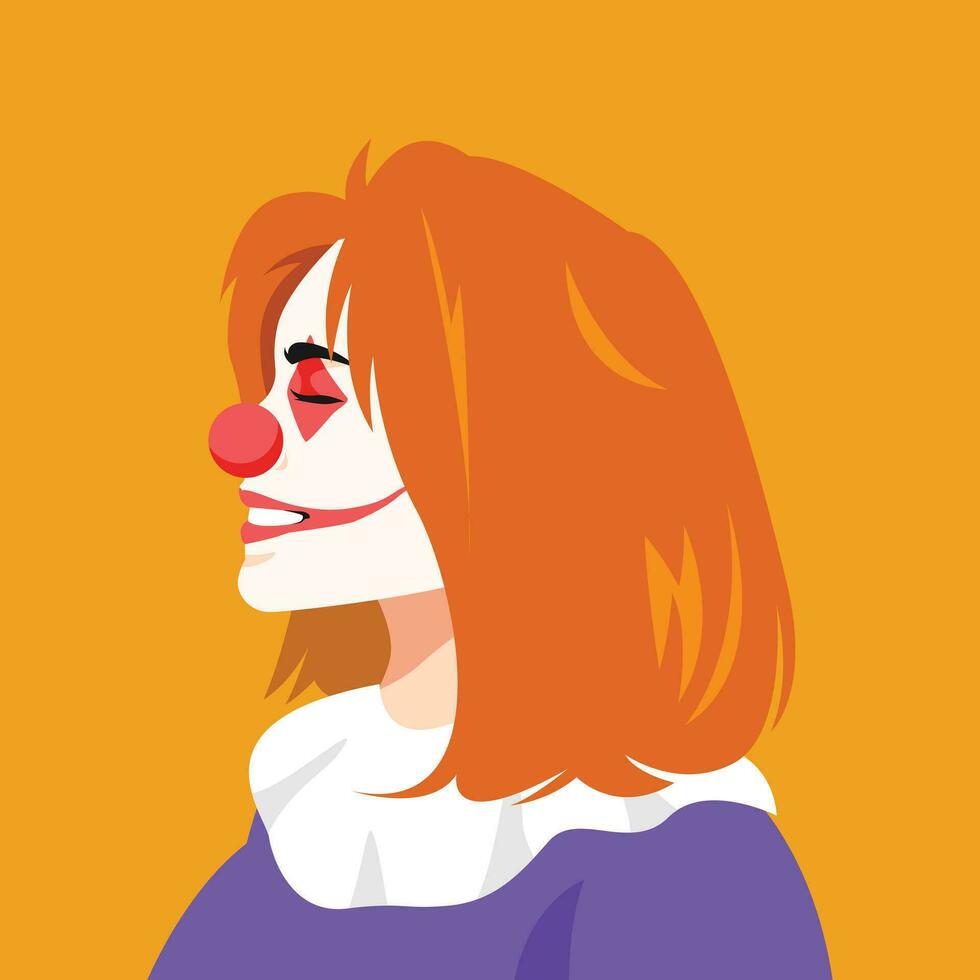 hembra payaso cara en perfil. lado ver de personas rostro. concepto de Víspera de Todos los Santos, circo. avatar. plano vector ilustración.