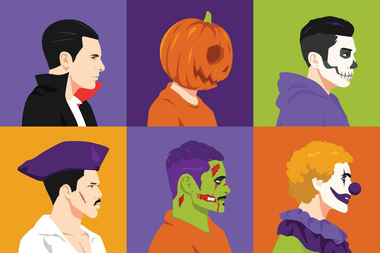 set of men's faces in halloween costumes and makeup in profile. vampire, pumpkin head, skeleton, pirate, zombie, and clown. avatar side view. flat vector illustration.