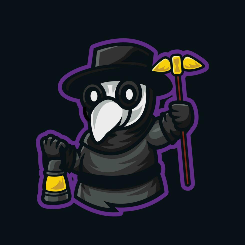 illustration of a cute plague doctor face holding a lantern and staff. mascot character style, mascot logo. used for e-sport logo, t-shirt, print, sticker, etc. vector graphic.