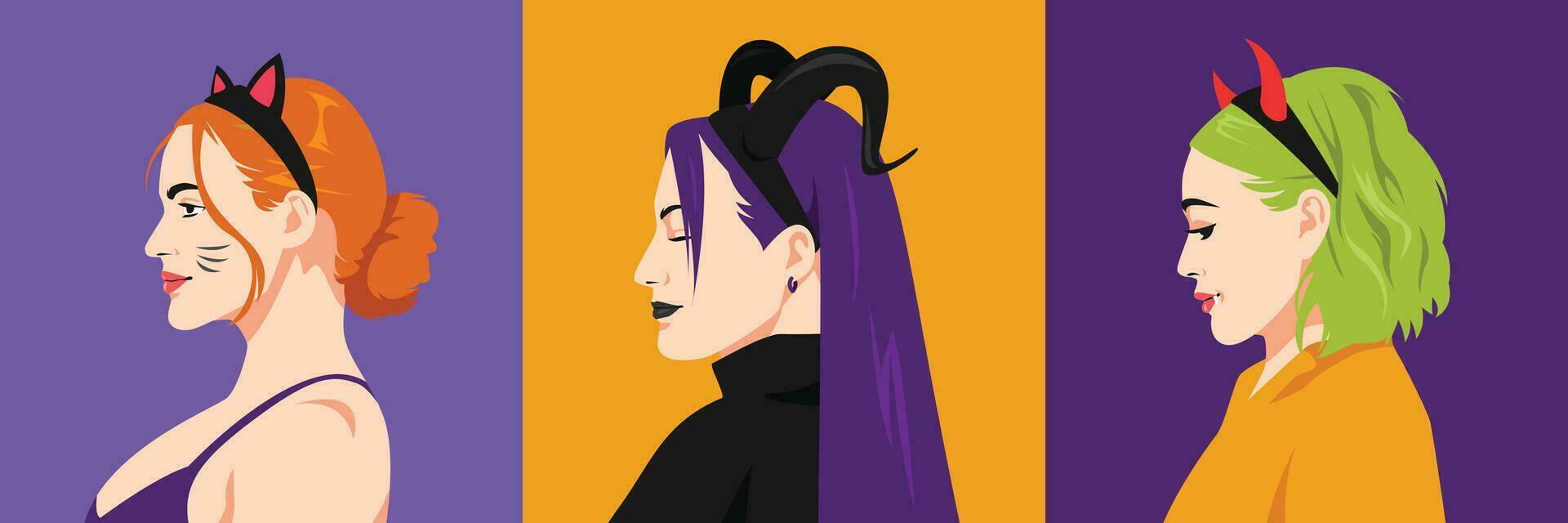 set of multiple girl face characters using devil horn headband, cat ear, goat horn in profile. halloween, avatar side view. flat vector illustration.