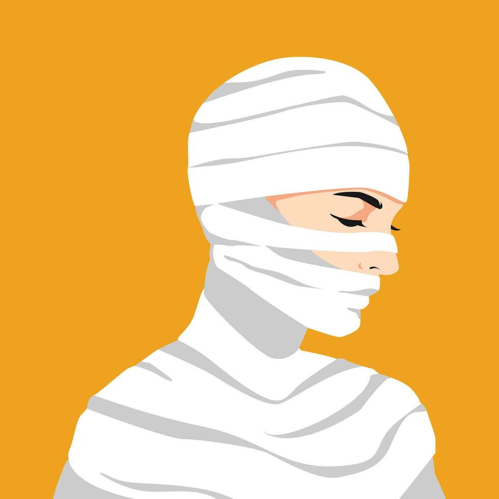 portrait of a woman wear mummy costume in profile. halloween theme, side view, avatar, horror, costume. modern flat vector illustration.