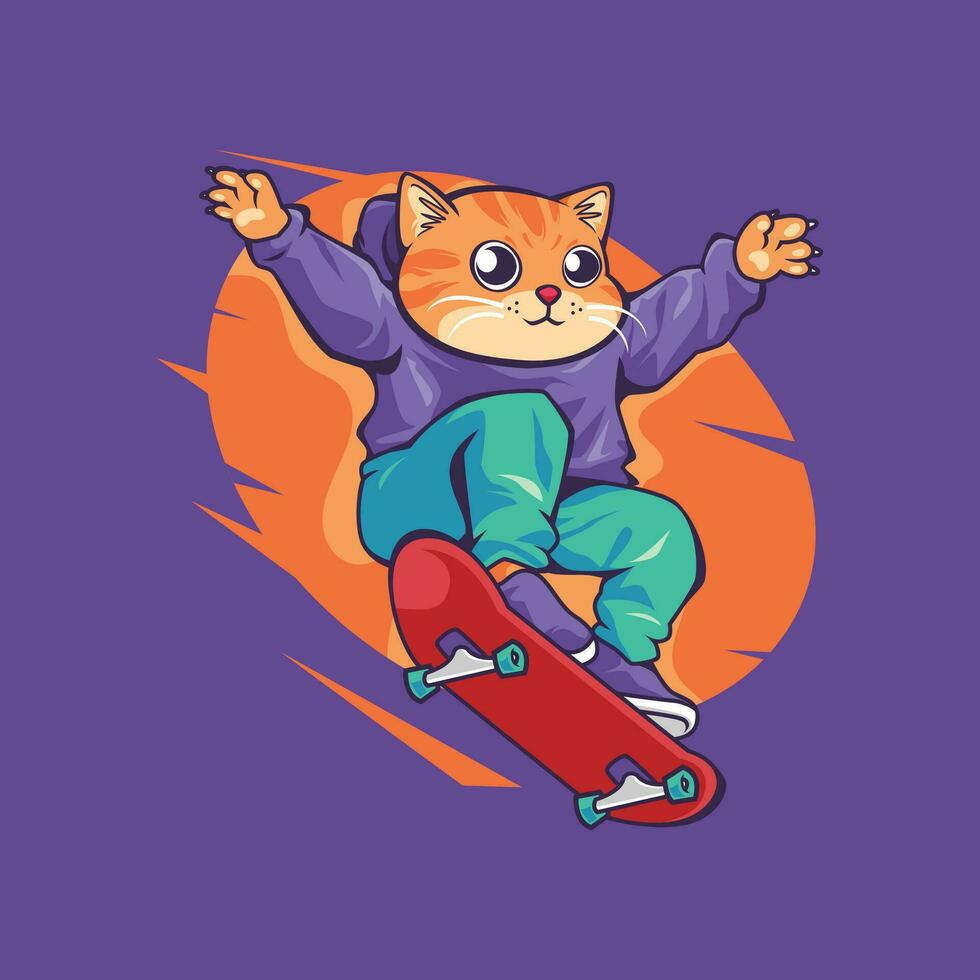 cat skateboarding wearing modern clothes. cat in action jump. suitable for t-shirt design, merchandise, print, stickers, digital needs, etc. graphic vector illustration.