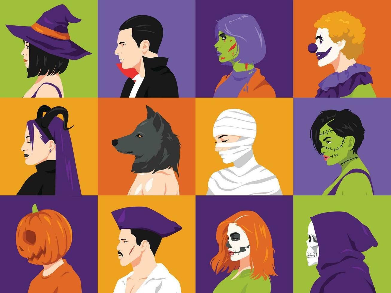 set of halloween people faces with different costumes, gender and makeup in profile. avatar side view. vector flat illustration.