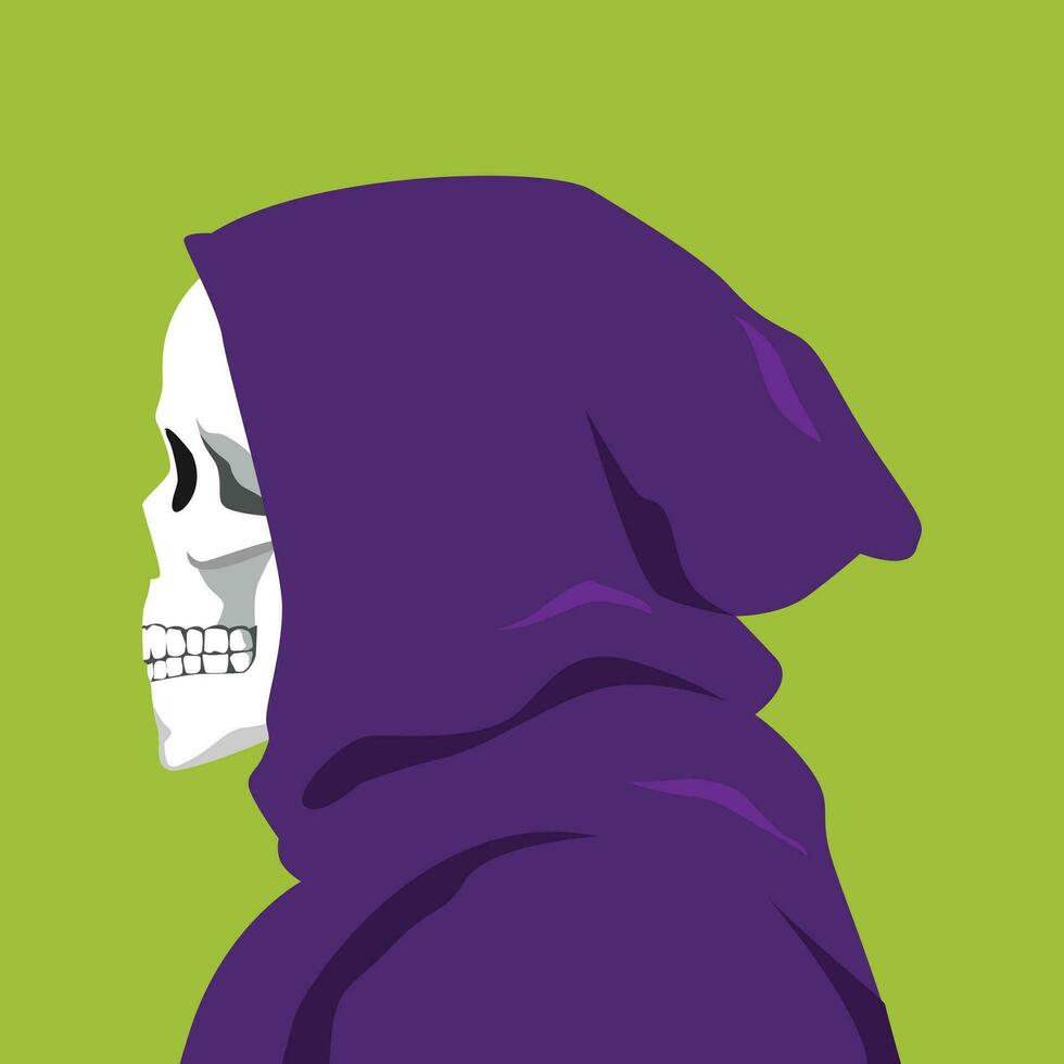 Grim reaper face in profile. halloween theme, side view, avatar, portrait, skull, horror. modern flat vector illustration.