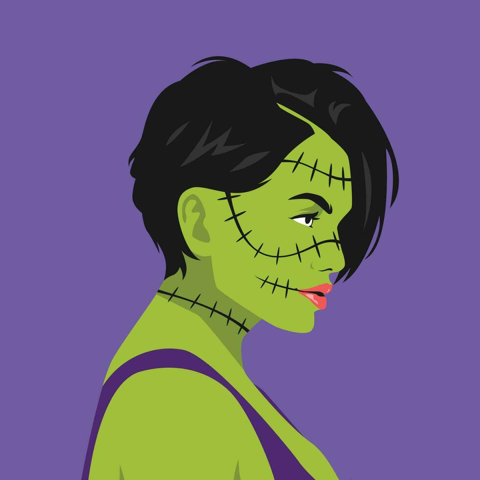 Green monster girl with many stitches, scar face in profile. halloween theme, side view, avatar, portrait, horror. modern flat vector illustration.