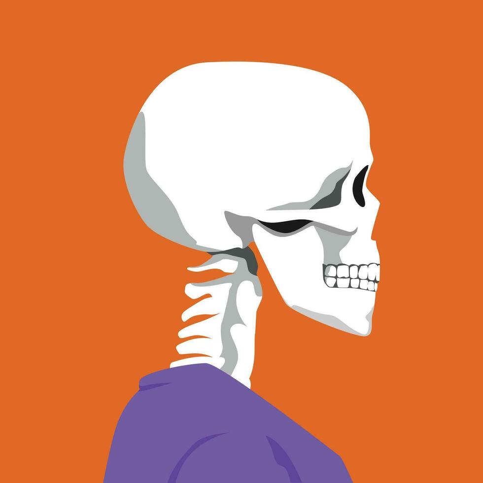 side view skeleton wearing shirt in profile. halloween theme, avatar, social media profile, print. flat vector illustration.