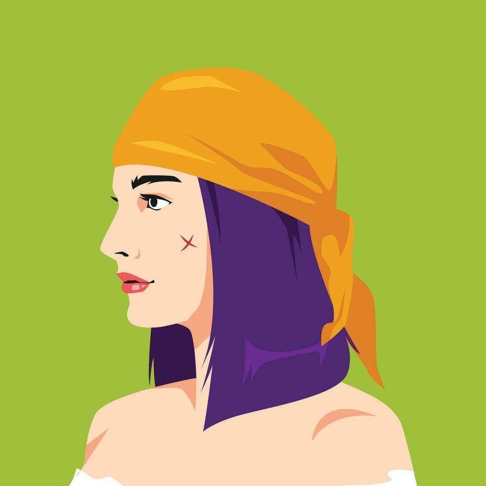 portrait of beauty girl wearing bandana, look like a pirate and has a wound on her cheek. side view. for halloween, avatar, social media profile, print. flat vector illustration.