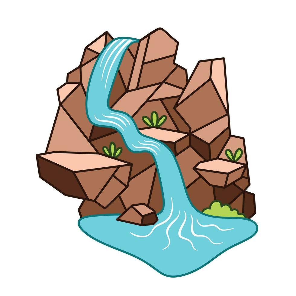 Simple outlined beautiful brown stoned waterfall icon colored vector illustration isolated on square white background. Simple flat natural scenery landscape drawing with cartoon art style.