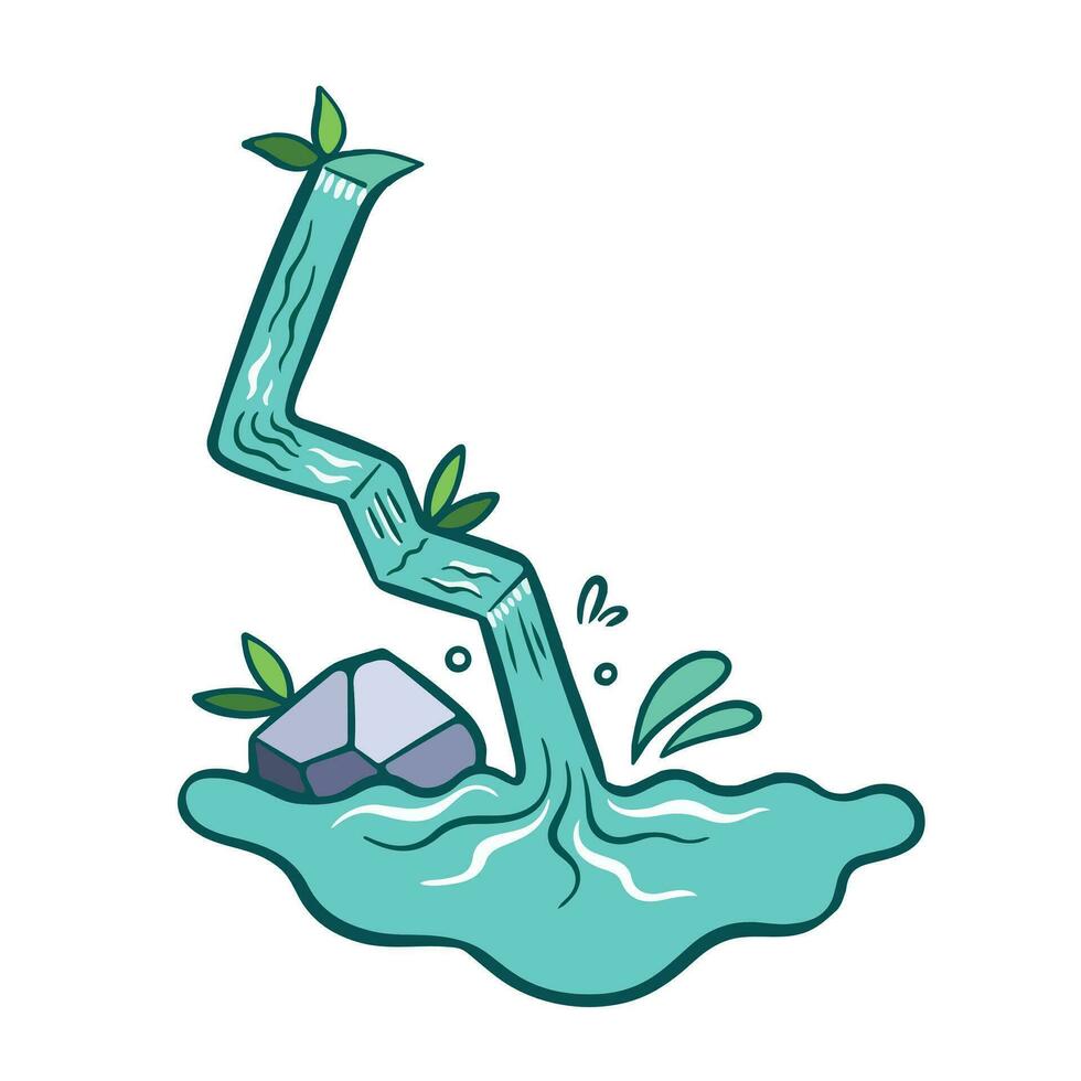 Natural flowing water with one rock and a few plant decorations colored waterfall vector icon illustration outlined isolated on square white background. Simple flat cartoon art styled drawing.