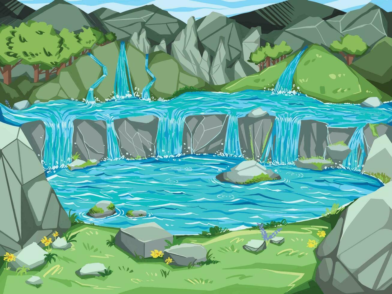 Beautiful natural waterfalls scenery with a lot of trees, plants, and rocks decorations vector illustration isolated on horizontal template. Simple flat outdoor landscape cartoon art styled drawing.