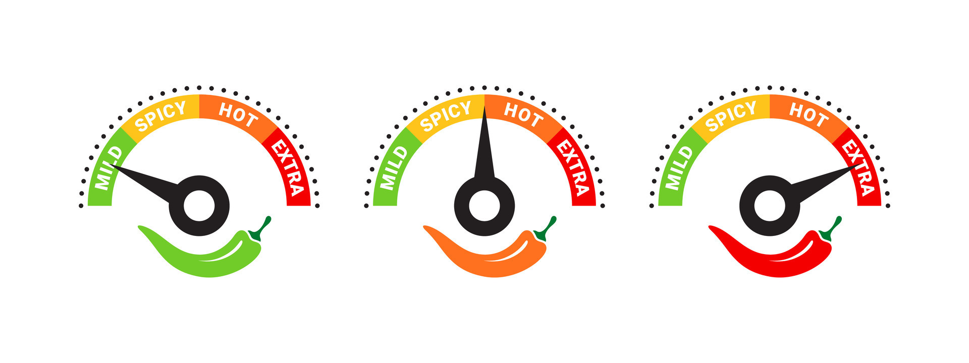 Spice level scale. Food spiciness indicator. Spicy badges types. Vector