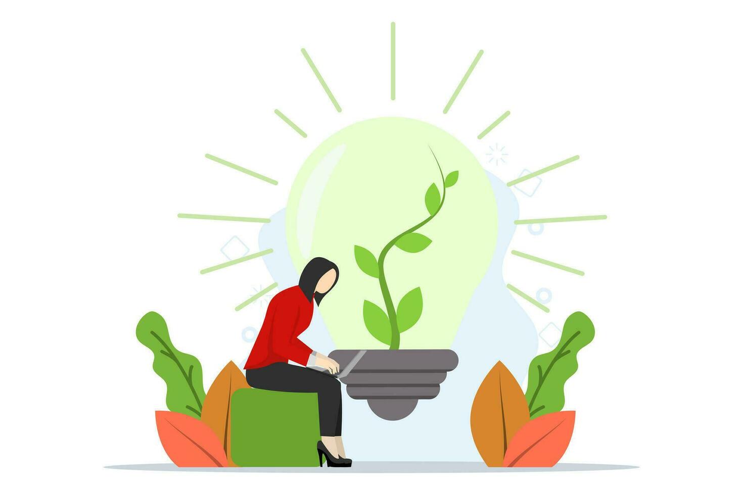 negocio concepto de sustentabilidad o ambiental cuidado en el oficina, corporativo cultura de ecología o social responsabilidad, esg, mujer de negocios trabajando con computadora en sostenible verde ligero bulbo. vector