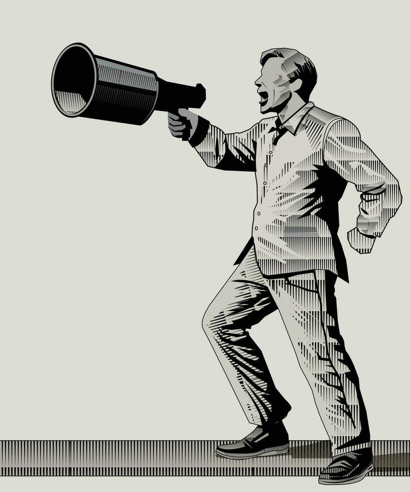 Retro vintage man shouting with megaphone to amplify his voice vector