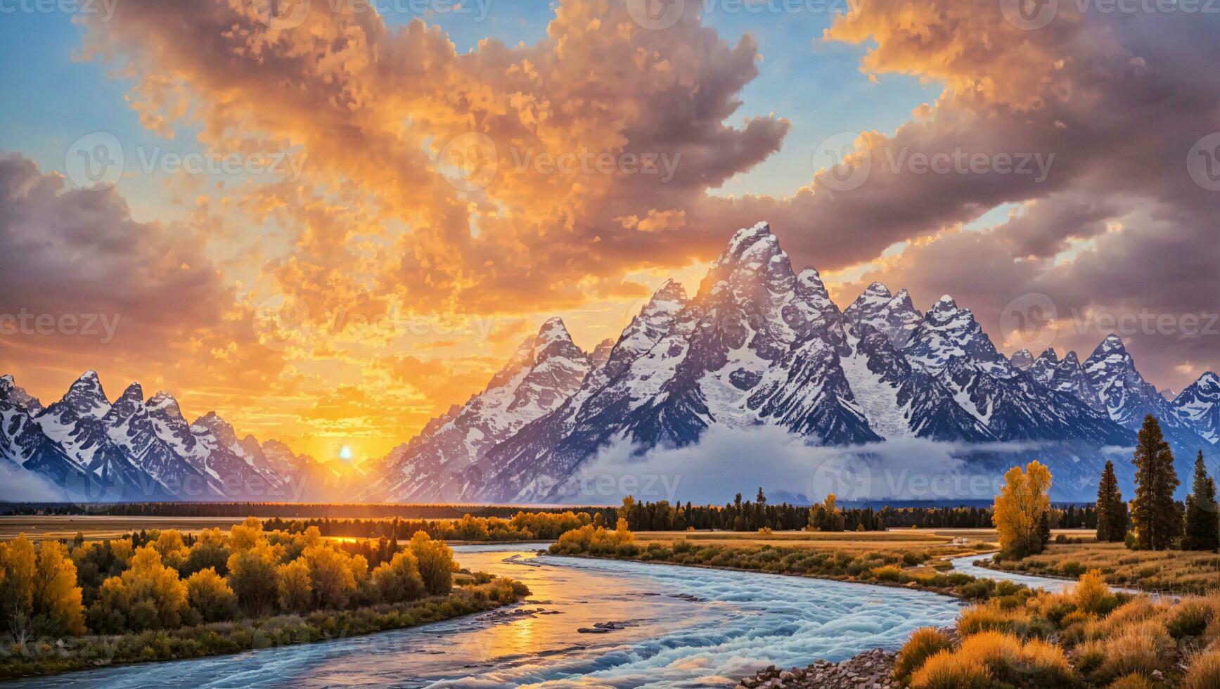 grandioso teton montañas a puesta de sol foto