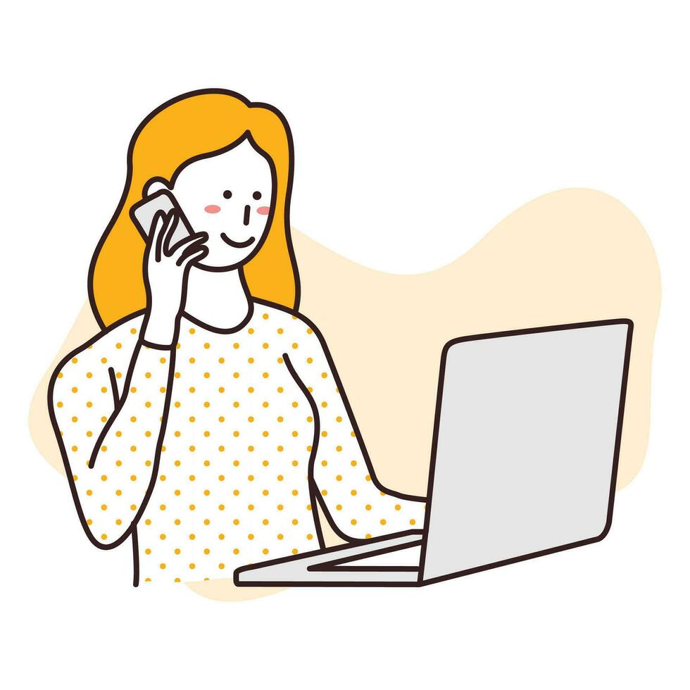 Businesswoman working in front of a laptop while calling vector