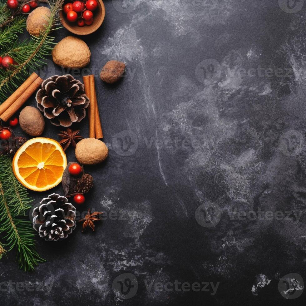 Christmas background with copy space and festive decorations on dark grunge background. Generative Ai. photo