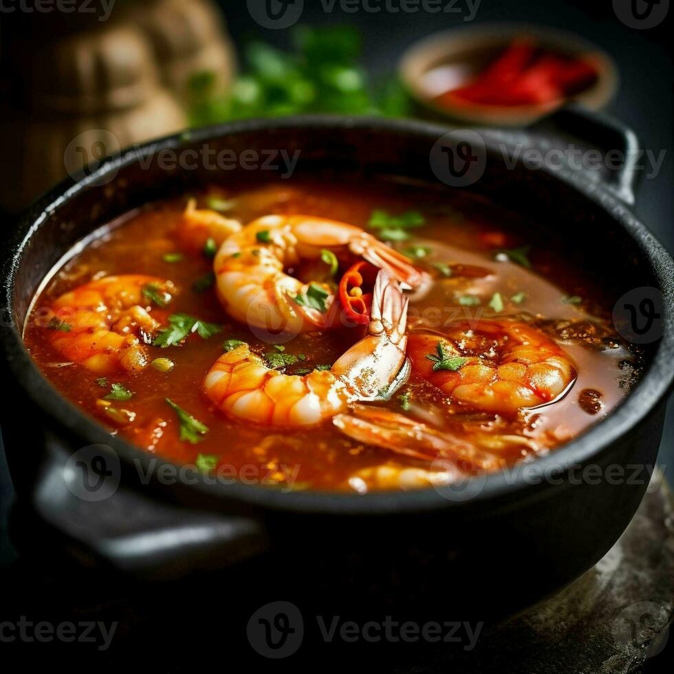 Tom Yam Kung ,Prawn and lemon soup with mushrooms, thai food in bowl. Generative Ai. photo