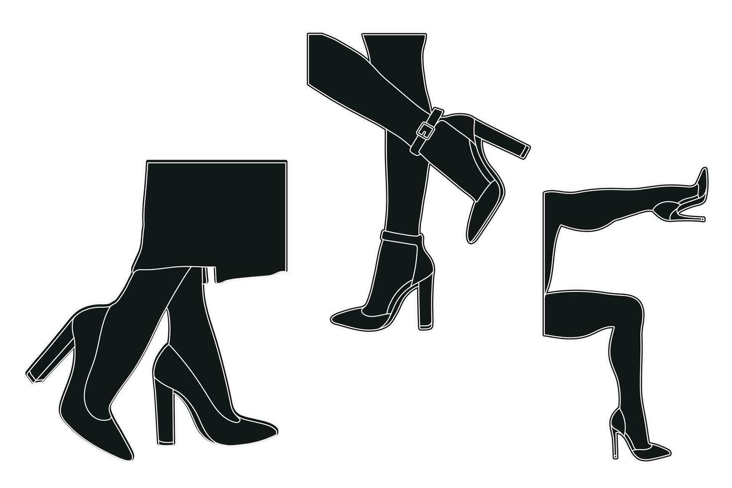 Line art silhouette outline of female legs in a pose. Shoes stilettos, high heels. Walking, standing, running, jumping, dance vector