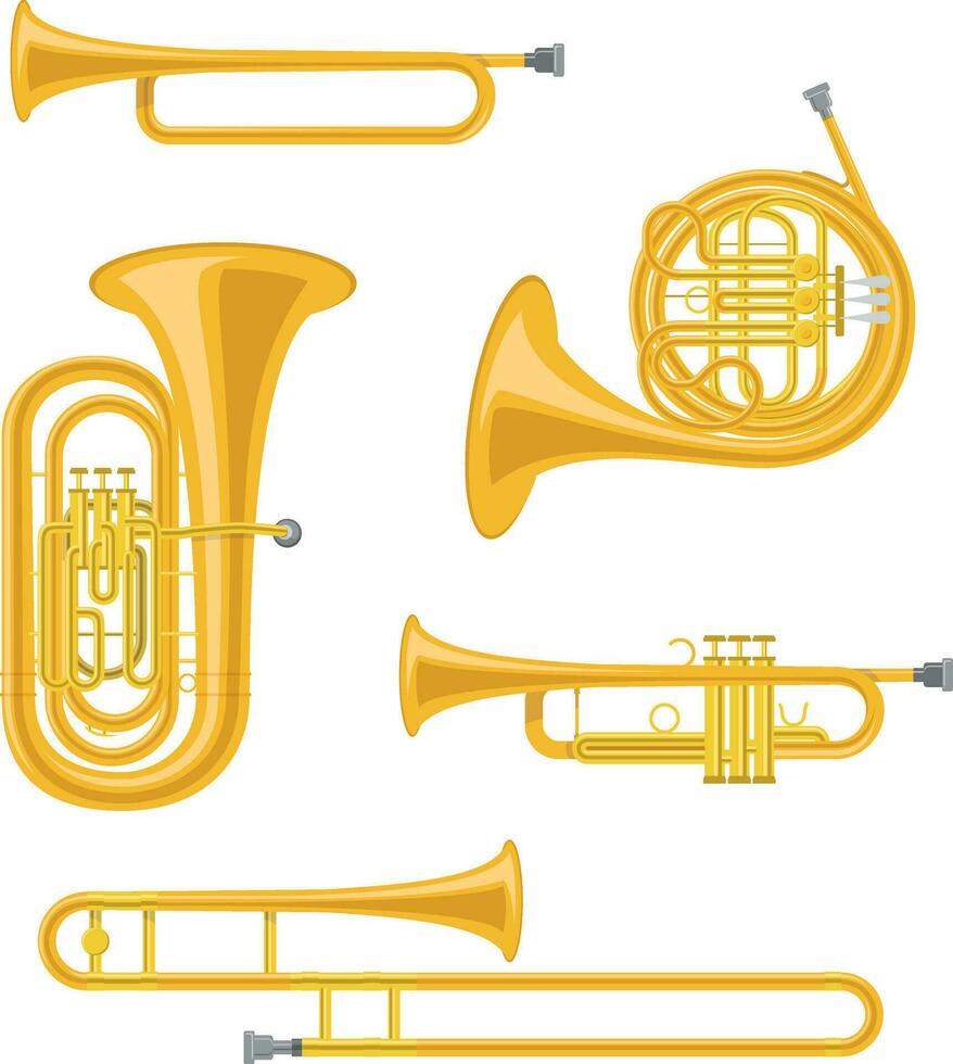 Vector illustration set of brass musical instruments in cartoon style isolated on white background