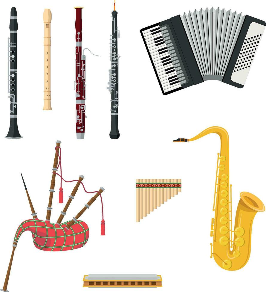 Vector illustration set of woodwind musical instruments in cartoon style isolated on white background