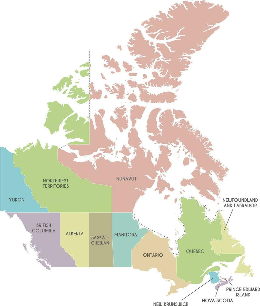 Vector map of Canada with provinces and territories and administrative divisions. Editable and clearly labeled layers.