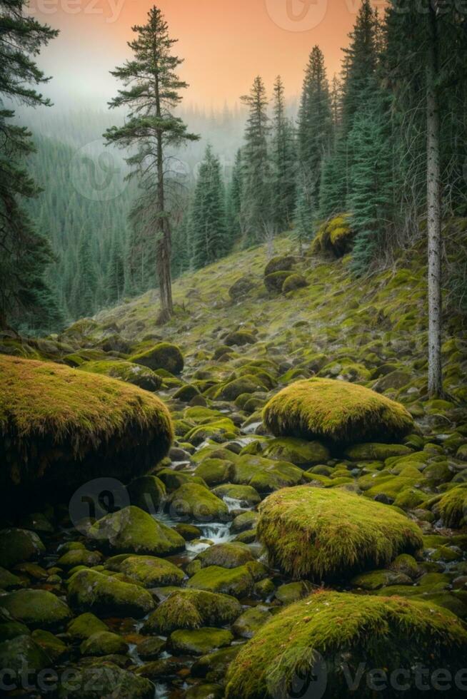 desierto paisaje bosque con pino arboles y musgo en rocas ai generado foto