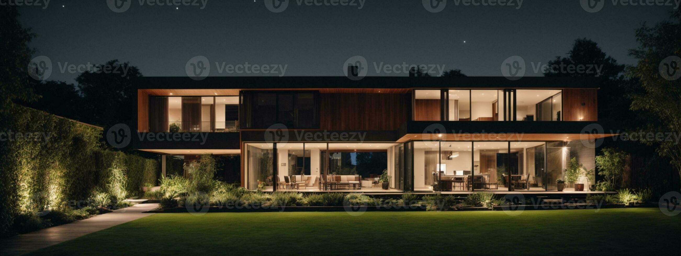 Modern house with garden at night. AI generated photo