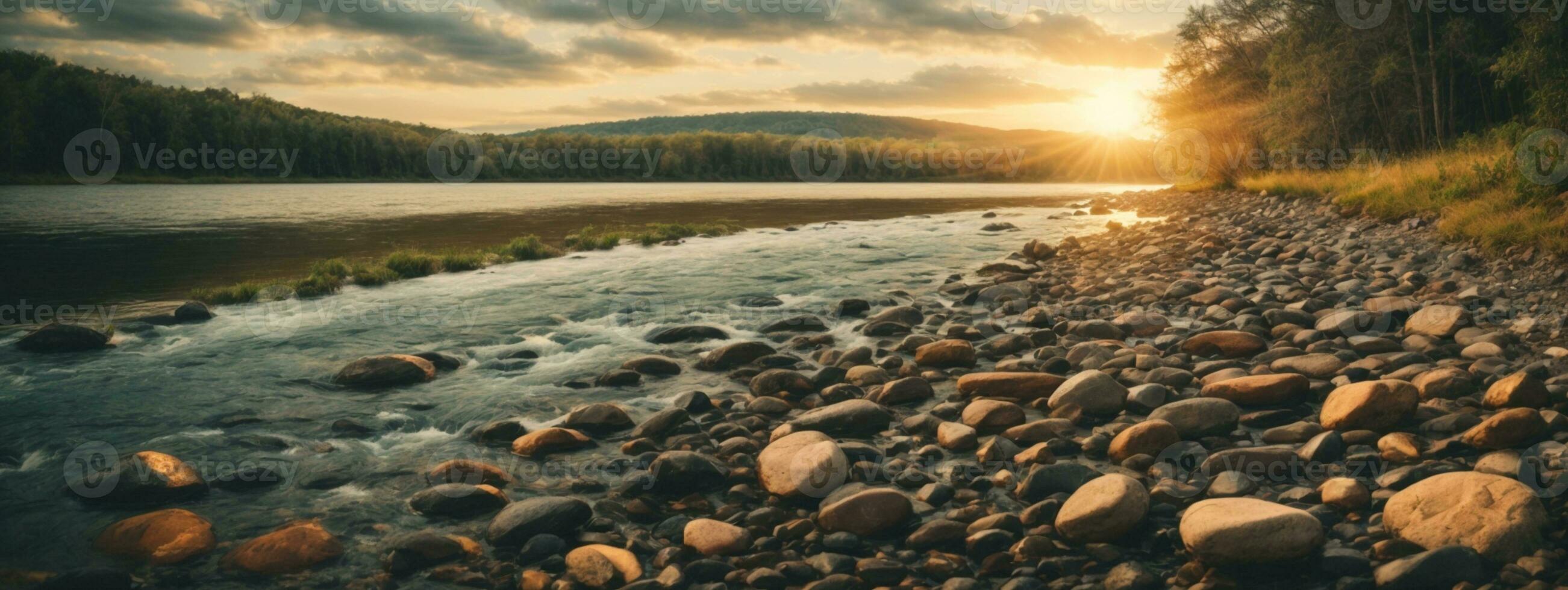 forest river with stones on shores at sunset. AI generated photo