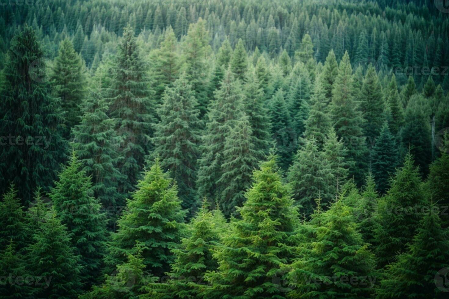Healthy green trees in a forest of old spruce, fir and pine. AI generated photo