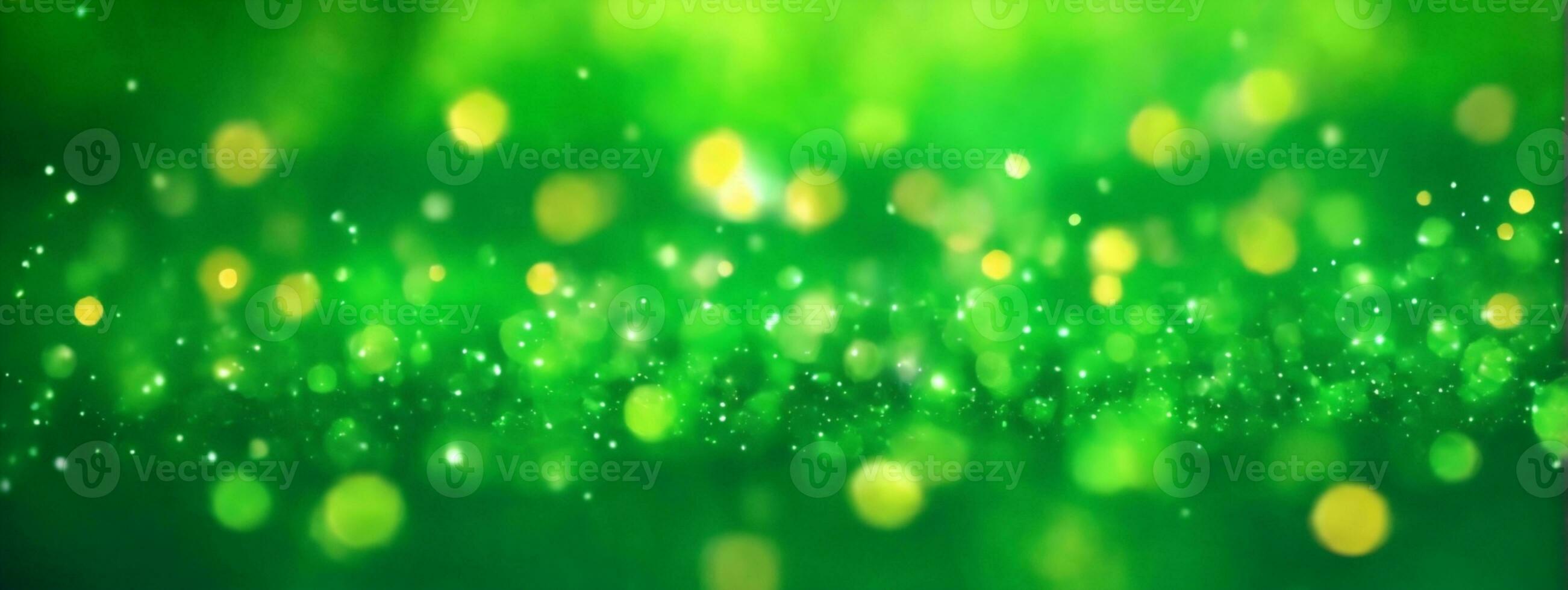 Spring background, abstract banner, green blurred bokeh lights. AI generated photo