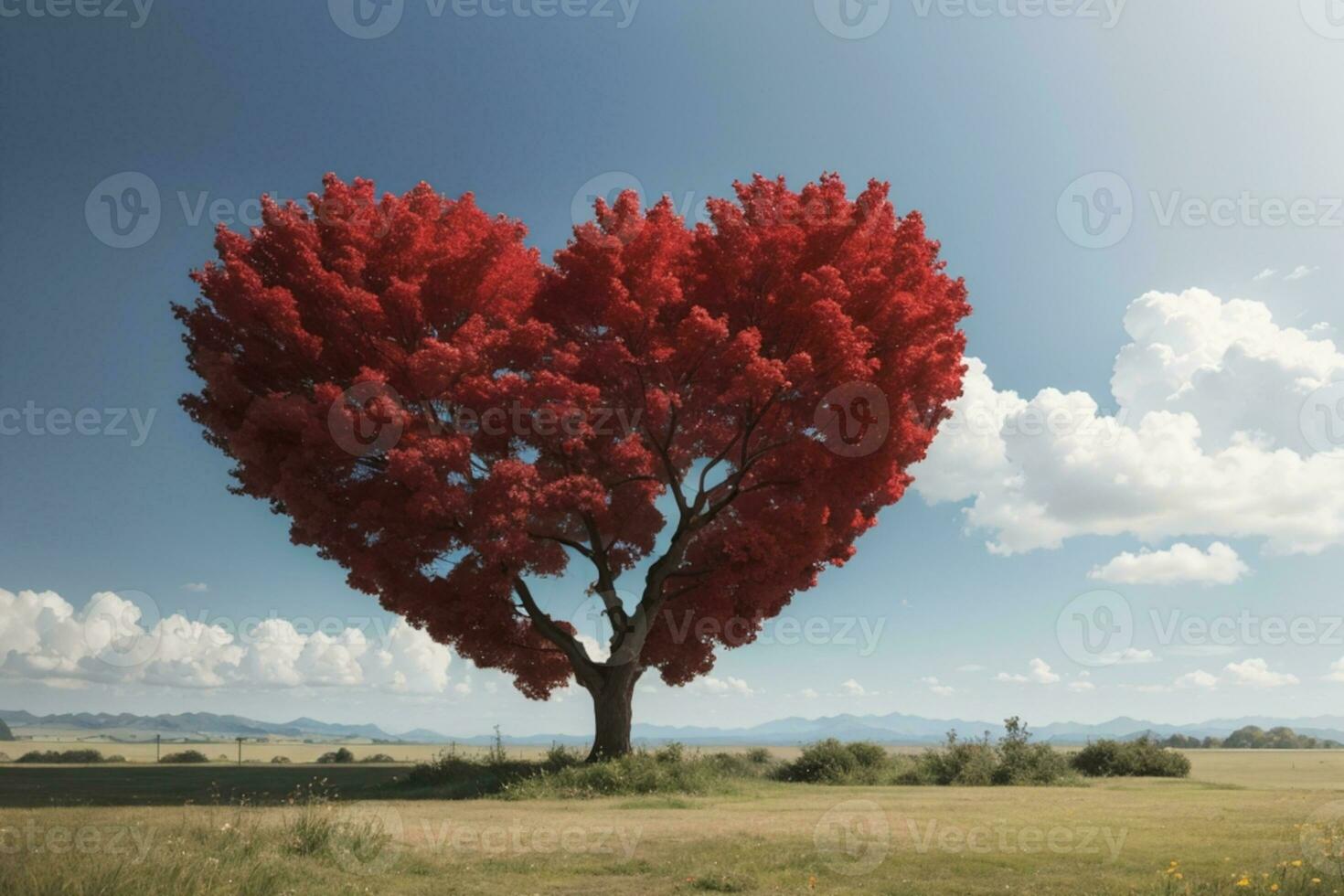 Red heart shaped tree. AI generated photo