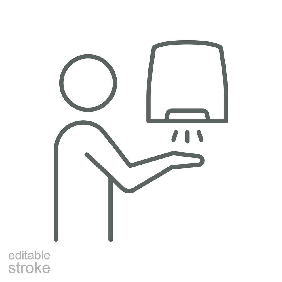 Hand dryer instruction, man, people, outline style. Automated touchless drying hands. Hand washing procedure. editable stroke. pictogram logo. vector illustration design on white background. EPS 10