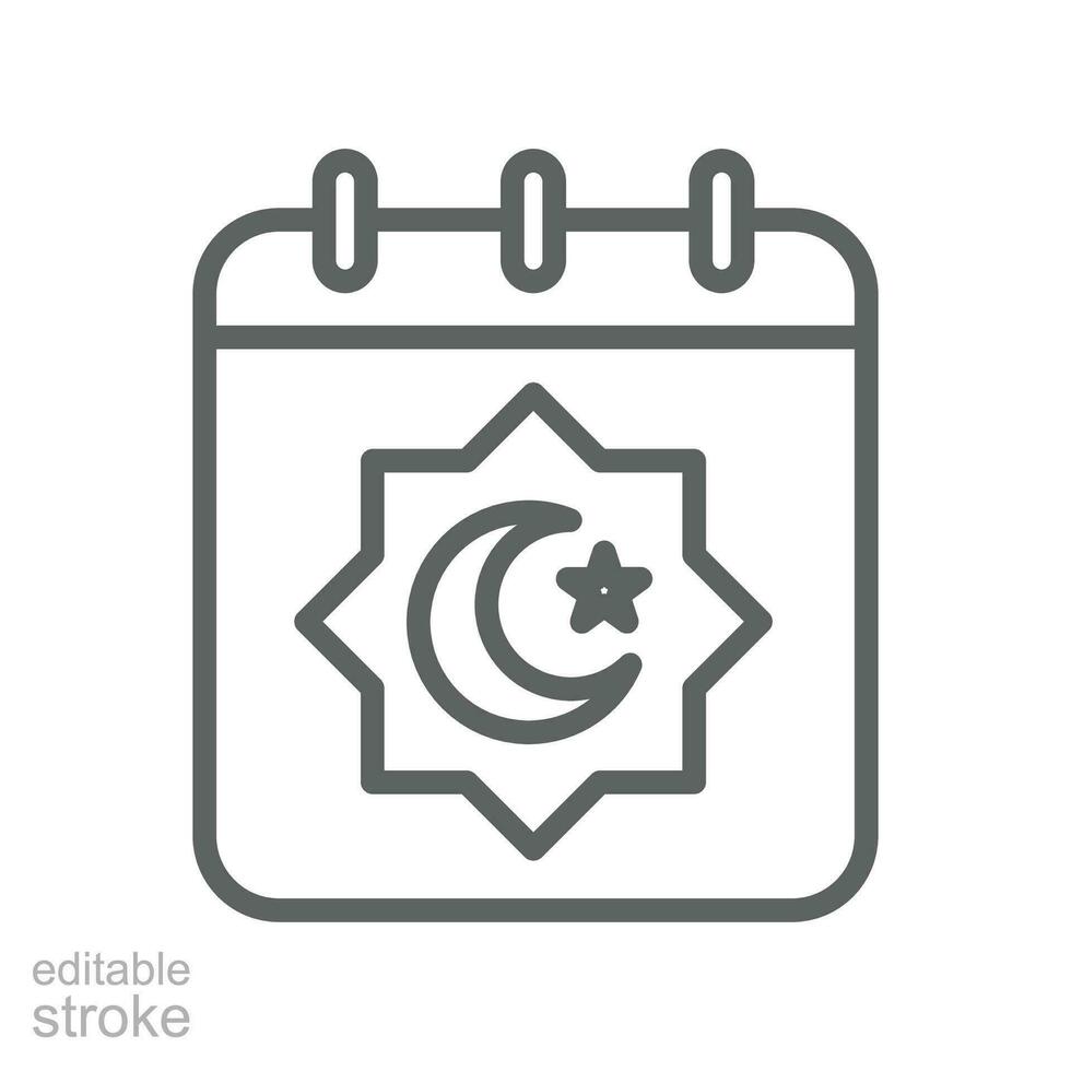 islámico fecha icono para eid, musulmán rápido Ramadán. calendario página con musulmán Luna y estrella. Arábica meses, lunar hijri. editable ataque. contorno vector ilustración. diseño en blanco antecedentes eps 10