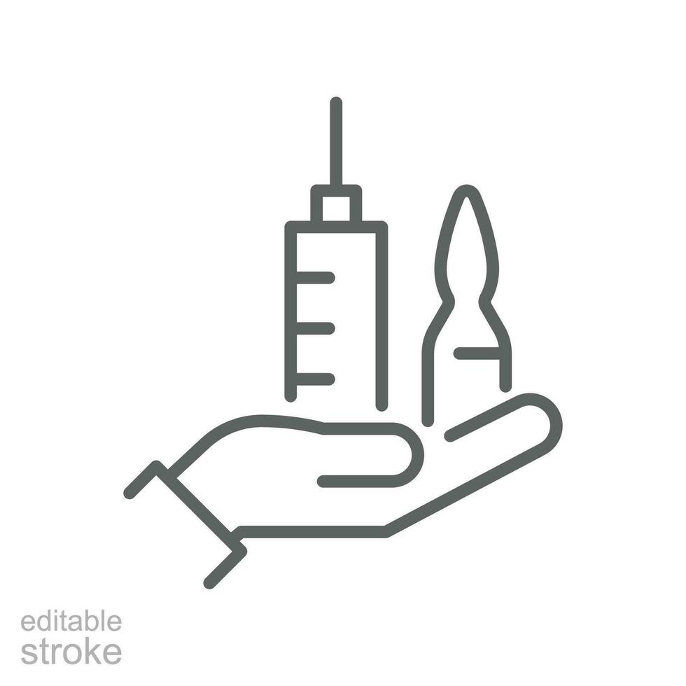 Get vaccine, syringe, press, hand line icon. health Medical ampules and shot injection for immunization and vaccination. Medicine. Editable stroke vector illustration design on white background EPS 10