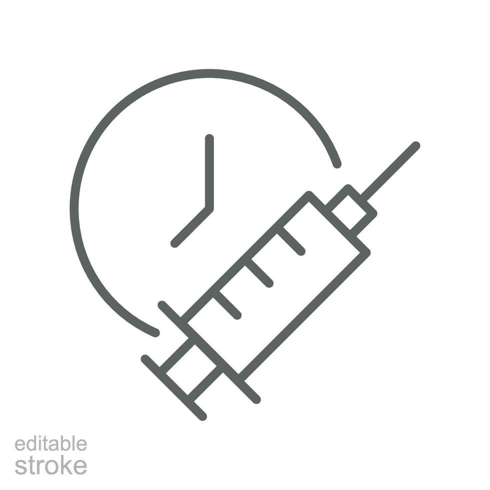 Vaccine time schedule, clock line icon. Vaccination Medical Syringe calendar symbol. Medication injection Covid-19, coronavirus pandemic, immunization Editable stroke vector illustration design EPS 10