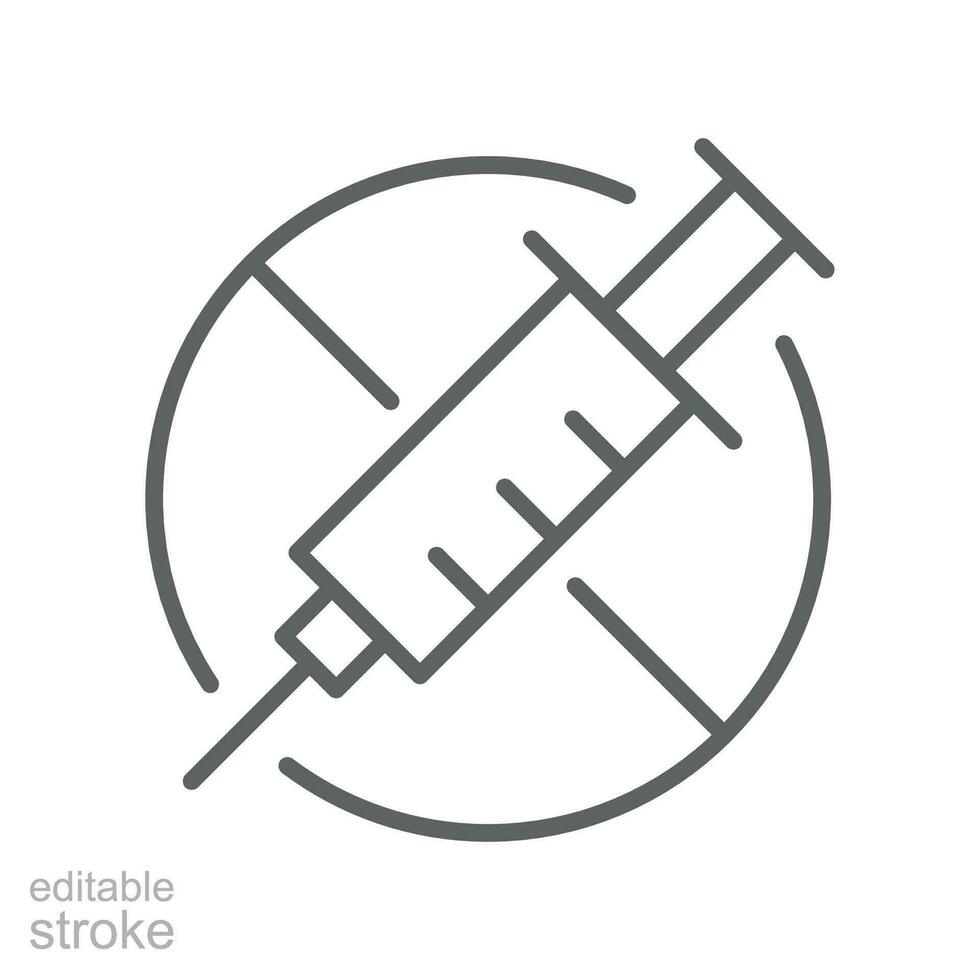 No vaccine, syringe, immunization line icon. anti vaccination caution, Stop vaccination, No drugs, hypodermic syringe ban symbol. Editable stroke vector illustration design on white background. EPS 10