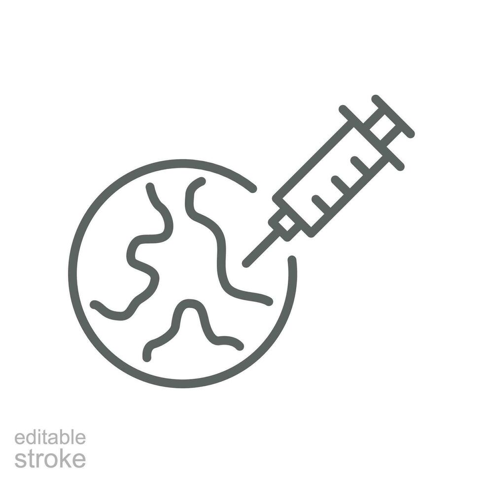 Vaccine World vaccination line icon. Syringe, vaccine healing earth and removing the Corona virus, Covid-19, Pandemic from earth. Editable stroke vector illustration design on white background EPS 10