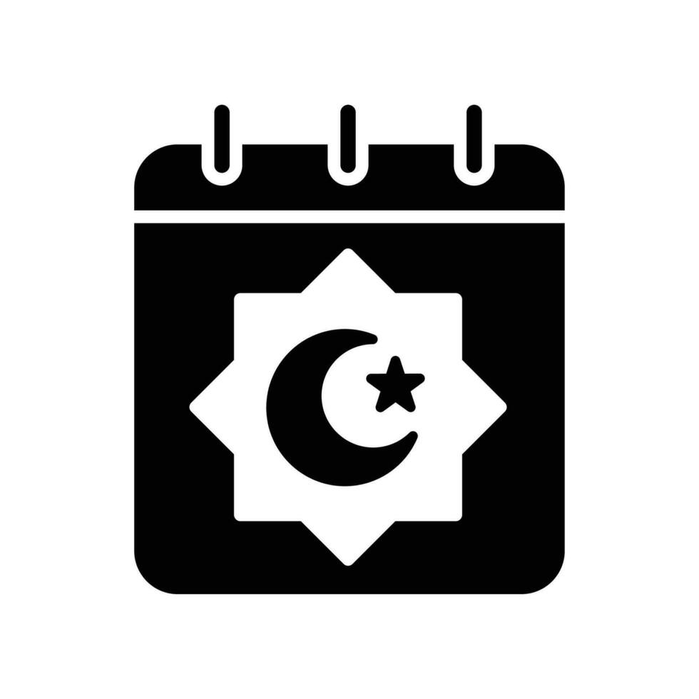 Islamic date icon for eid and muslim fasting ramadan kareem . Calendar page with muslim moon and star. Arabic months name Lunar Hijri. Glyph style vector illustration design on white background EPS 10