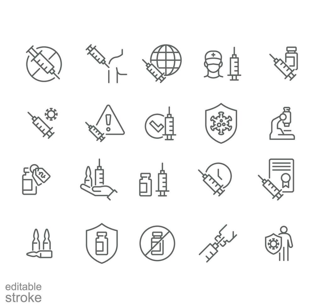 Vaccine against Virus Icon Set. Coronavirus Vaccination in Shoulder time, Medical syringe, immunization bottle, suction, Needle, Vial, shot injection. Editable stroke Vector illustration design EPS 10