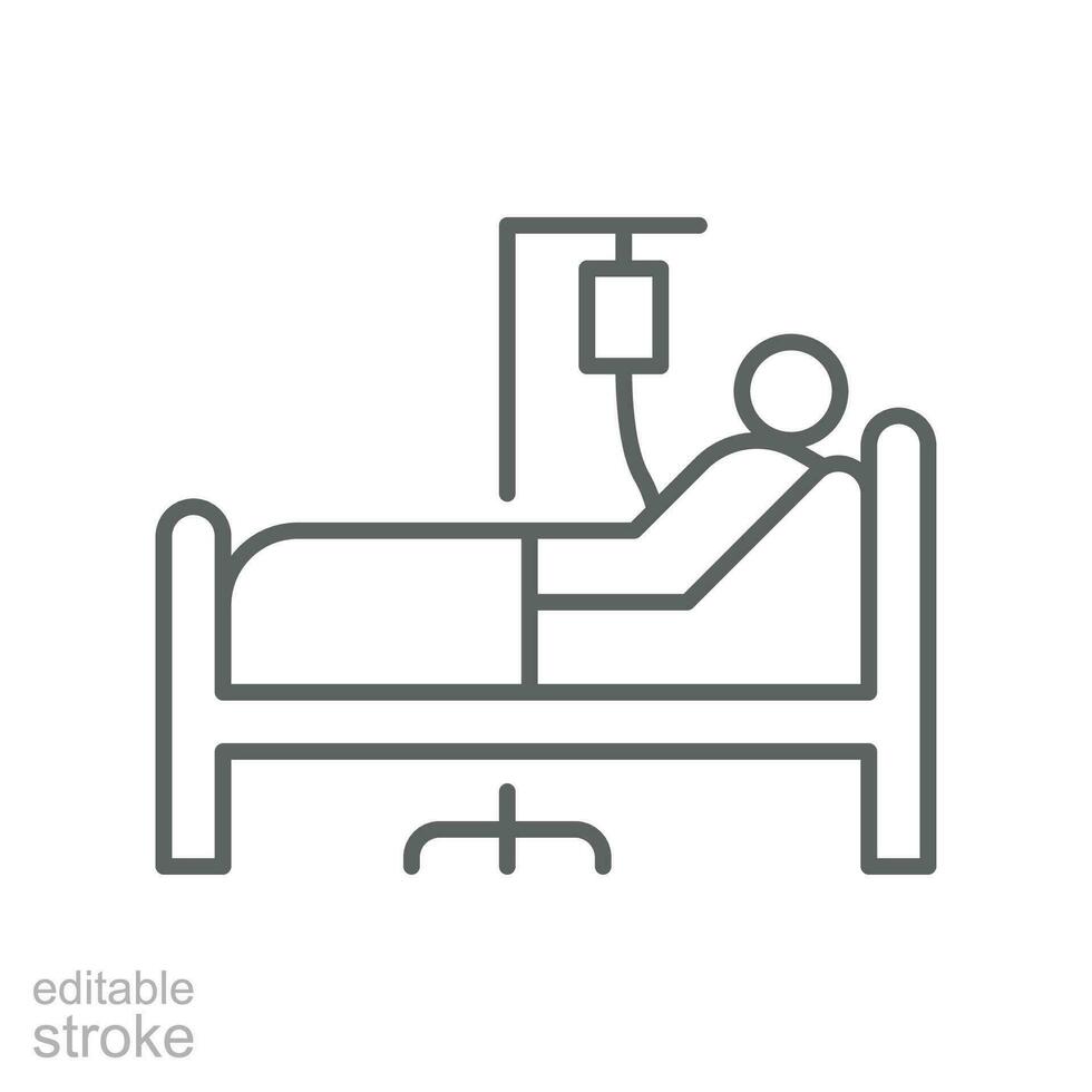 Patient bed icon. Medical treatment. Person in hospital bed. Man having infusion. lying on stretcher bed, recovery outline style editable stroke. Vector illustration Design on white background EPS 10