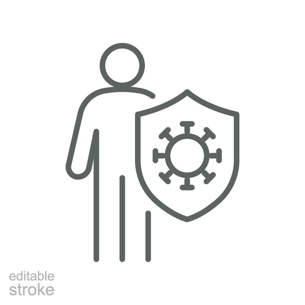 Protection immune response, covid-19, vaccine icon. human is holding shield, bacteria attack. Immune system vaccination antibiotics Editable stroke vector illustration design on white background EPS10