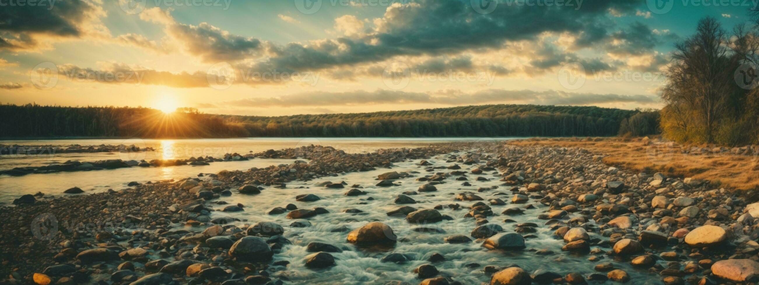 forest river with stones on shores at sunset. AI generated photo