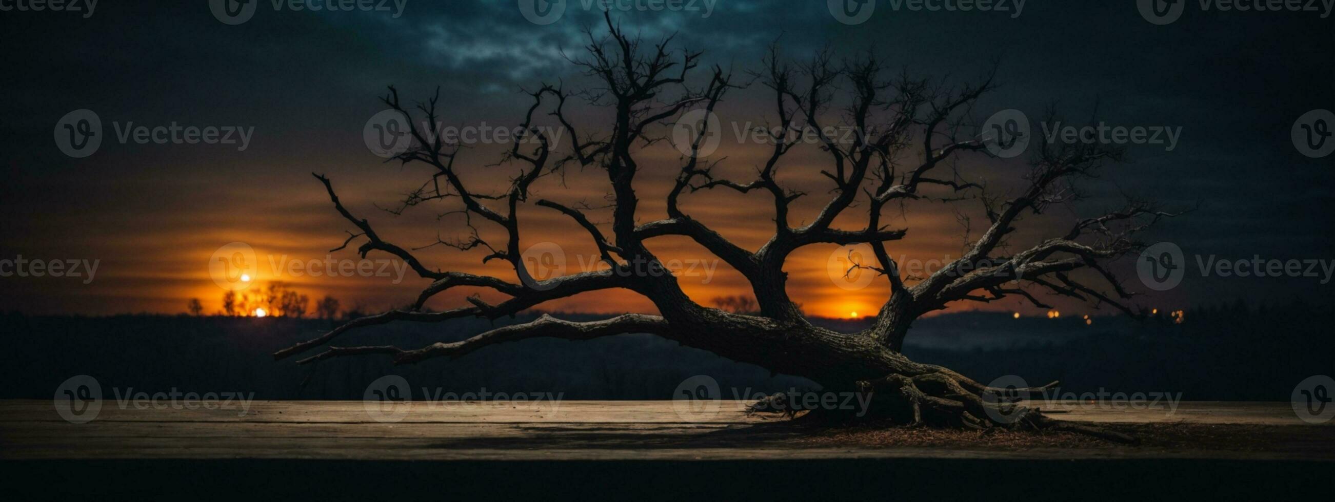 antiguo madera mesa y silueta muerto árbol a noche para Víspera de Todos los Santos fondo.. ai generado foto