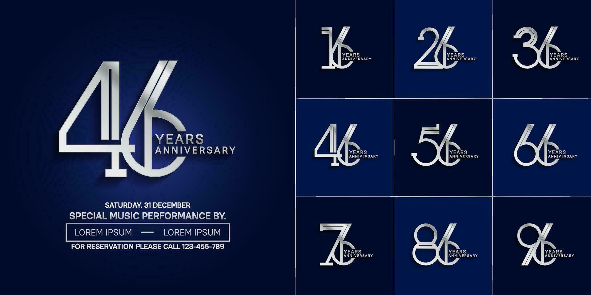 set of anniversary glossy silver color with blue background for special celebration event vector