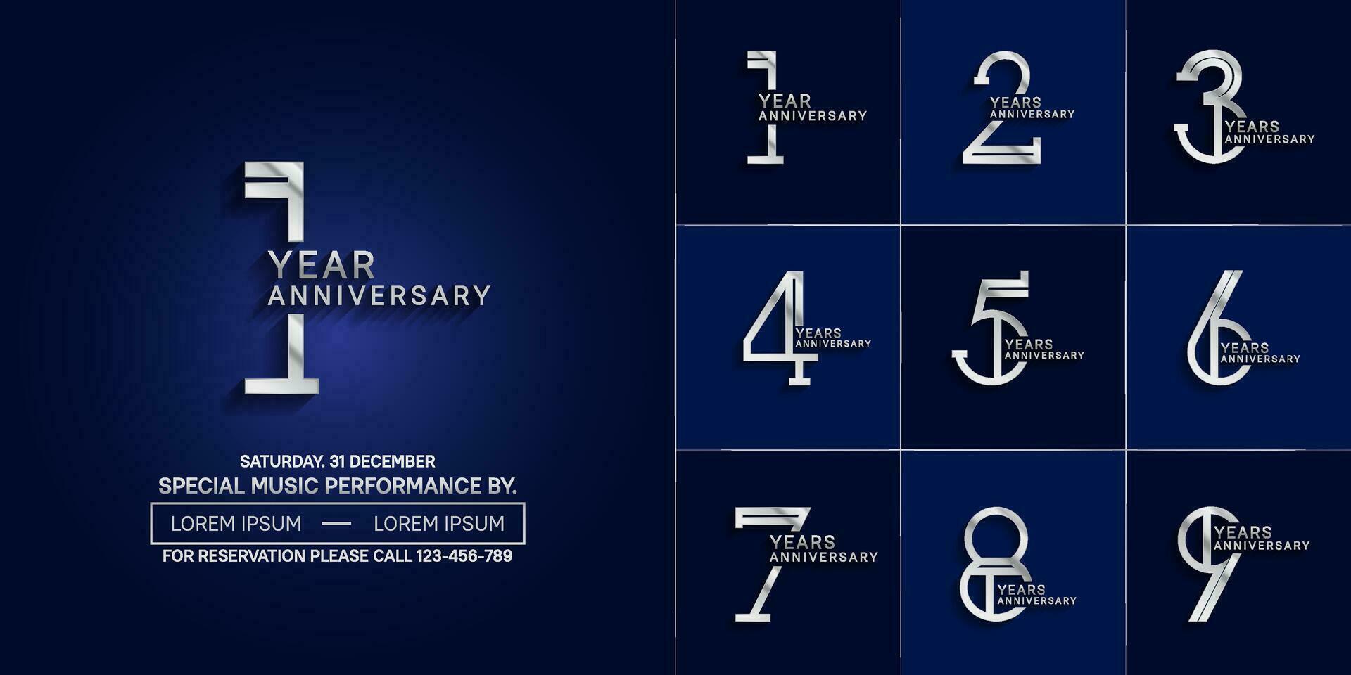 set of anniversary glossy silver color with blue background for special celebration event vector
